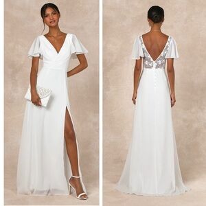 NEW Lulus Beautiful Perfection White Flutter Sleeve Embroidered Maxi Dress, L